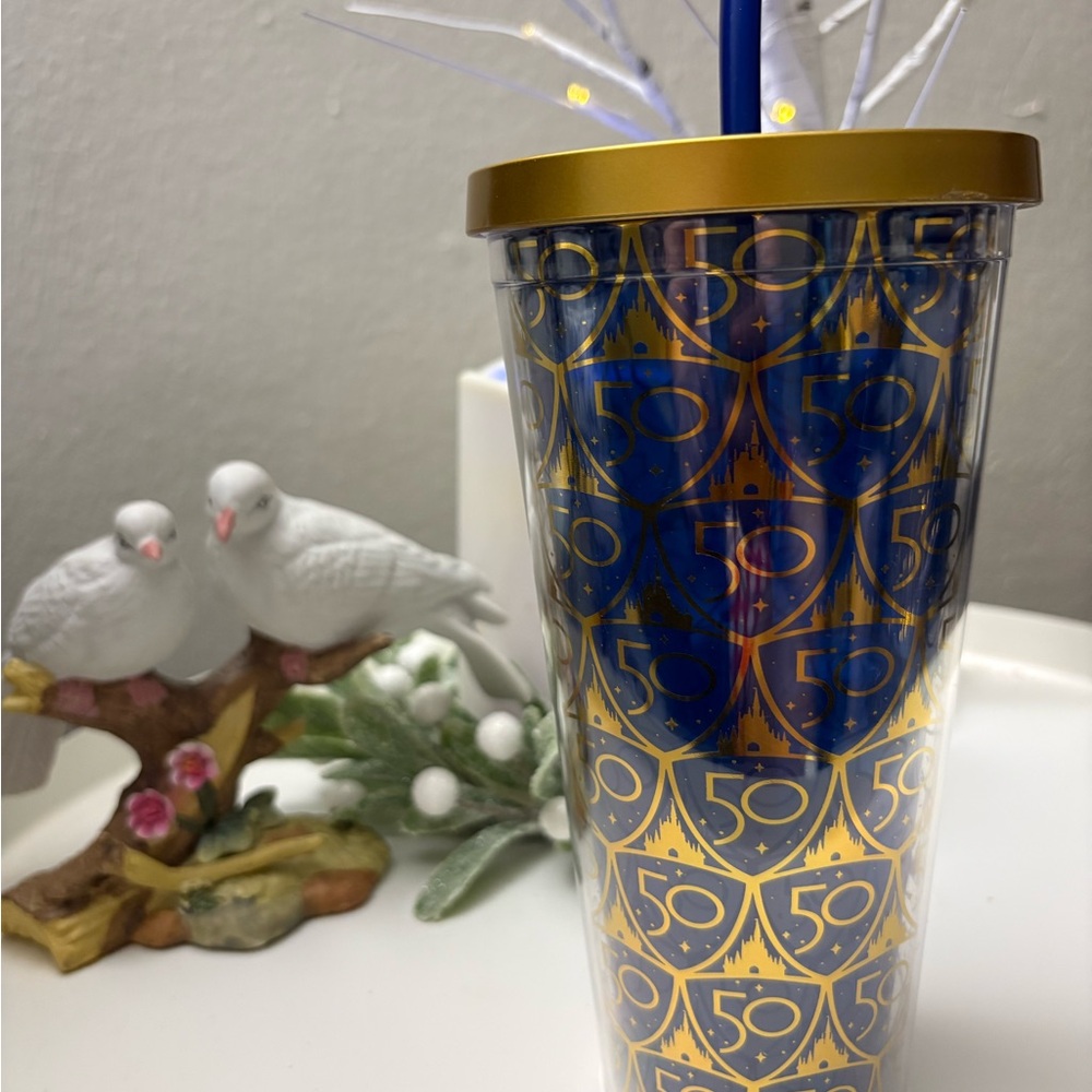 Disney 50th Anniversary Blue and Gold Tumbler with Straw